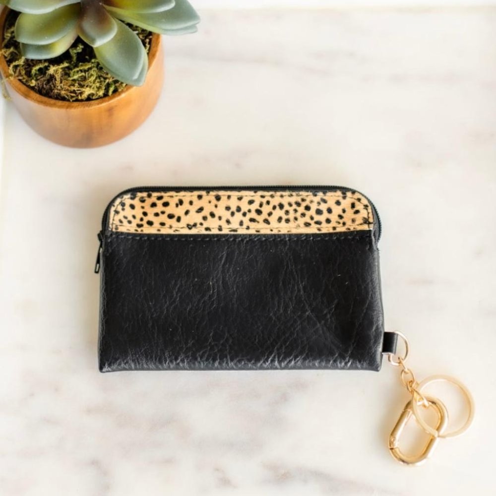 Black/Brown Spot Print Zippered Key & Cardholder